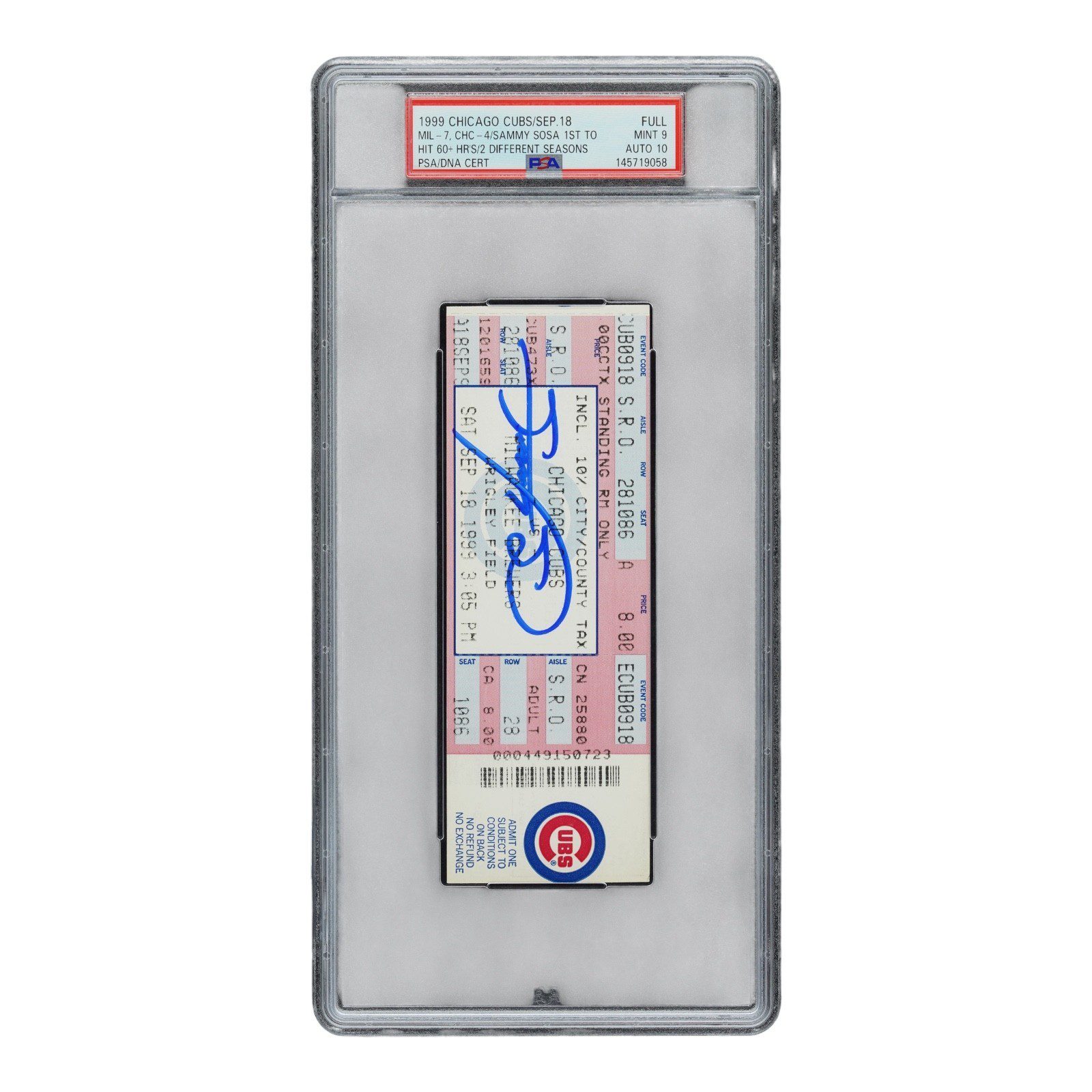 SAMMY SOSA SIGNED FULL TICKET 9/19/1999 PSA 145719058 MINT 9 2 SEASONS 60+ HR'S - Image 2