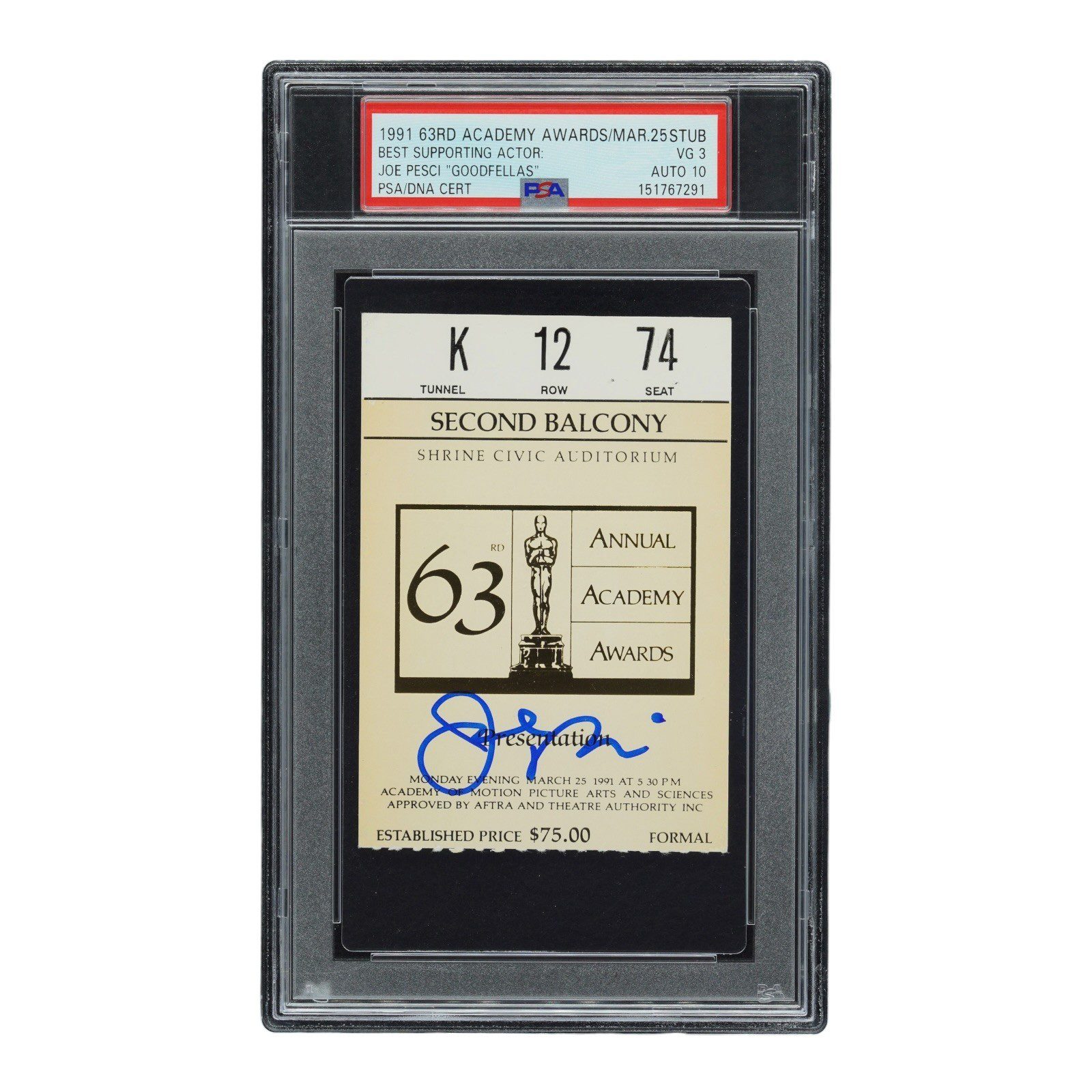 JOE PESCI SIGNED 1991 ACADEMY AWARDS TICKET STUB PSA VG 3 151767291 GOODFELLAS