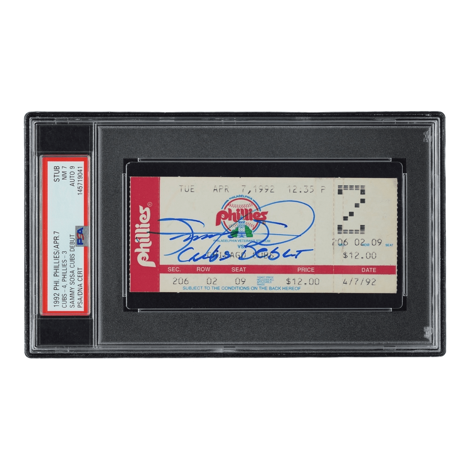 SAMMY SOSA SIGNED CUBS DEBUT TICKET STUB 4/7/1992 PSA 145719041 NM 7