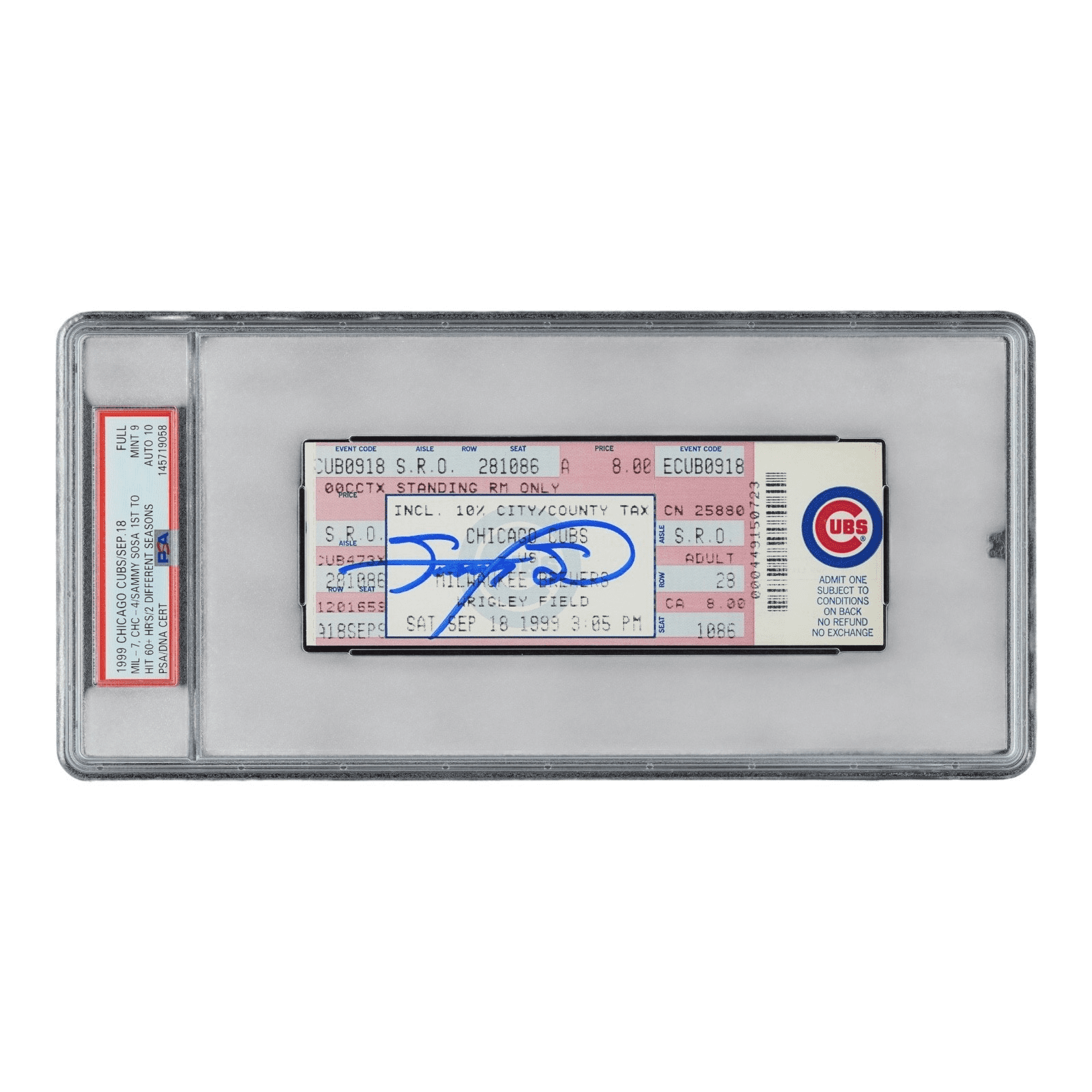 SAMMY SOSA SIGNED FULL TICKET 9/19/1999 PSA 145719058 MINT 9 2 SEASONS 60+ HR'S