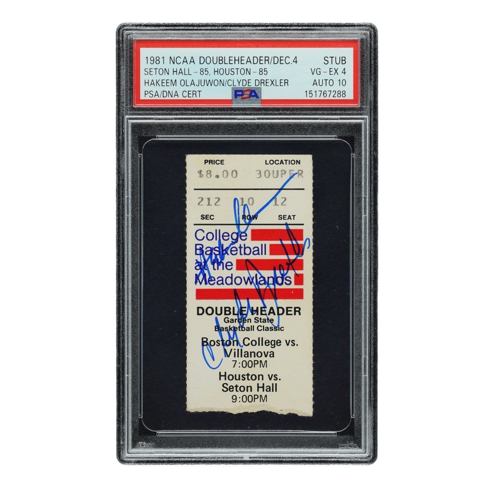 HAKEEM OLAJUWON CLYDE DREXLER 1981 NCAA DOUBLE HEADER TICKET STUB PSA 4