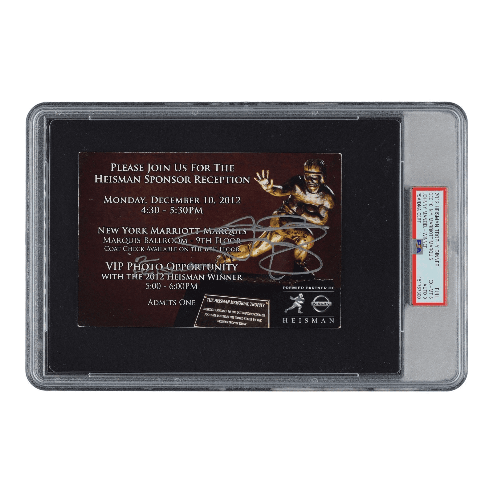 JOHNNY MANZIEL SIGNED 2012 HEISMAN TROPHY DINNER TICKET PSA 6 151767300 POP 1