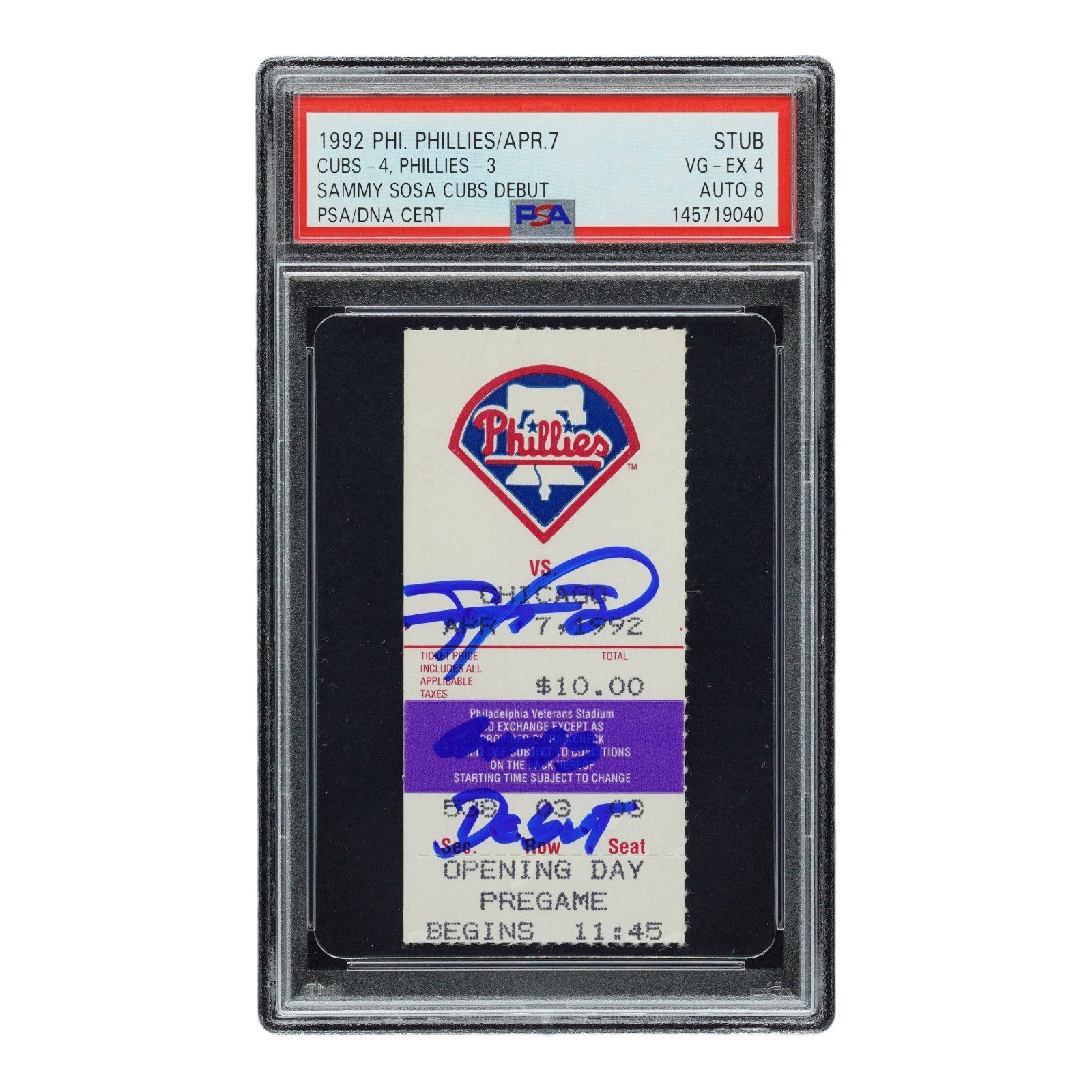 SAMMY SOSA SIGNED CUBS DEBUT TICKET STUB 4/7/1992 PSA 145719040 VG-EX 4