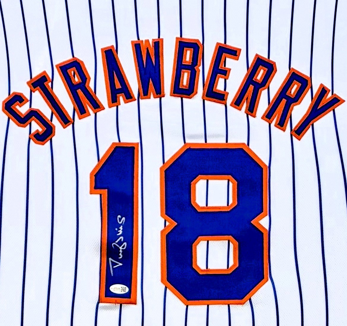 DARRYL STRAWBERRY AUTOGRAPHED STRIPES WHITE/BLUE/ORANGE CUSTOM JERSEY JSA - Image 2