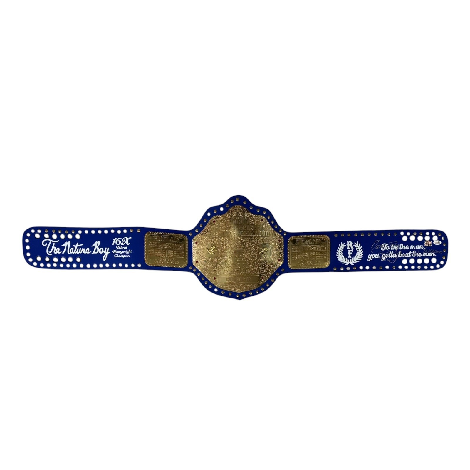 RIC FLAIR AUTOGRAPHED CUSTOM BLUE & GOLD BELT JSA NATURE BOY 16x Wooooo SILVER