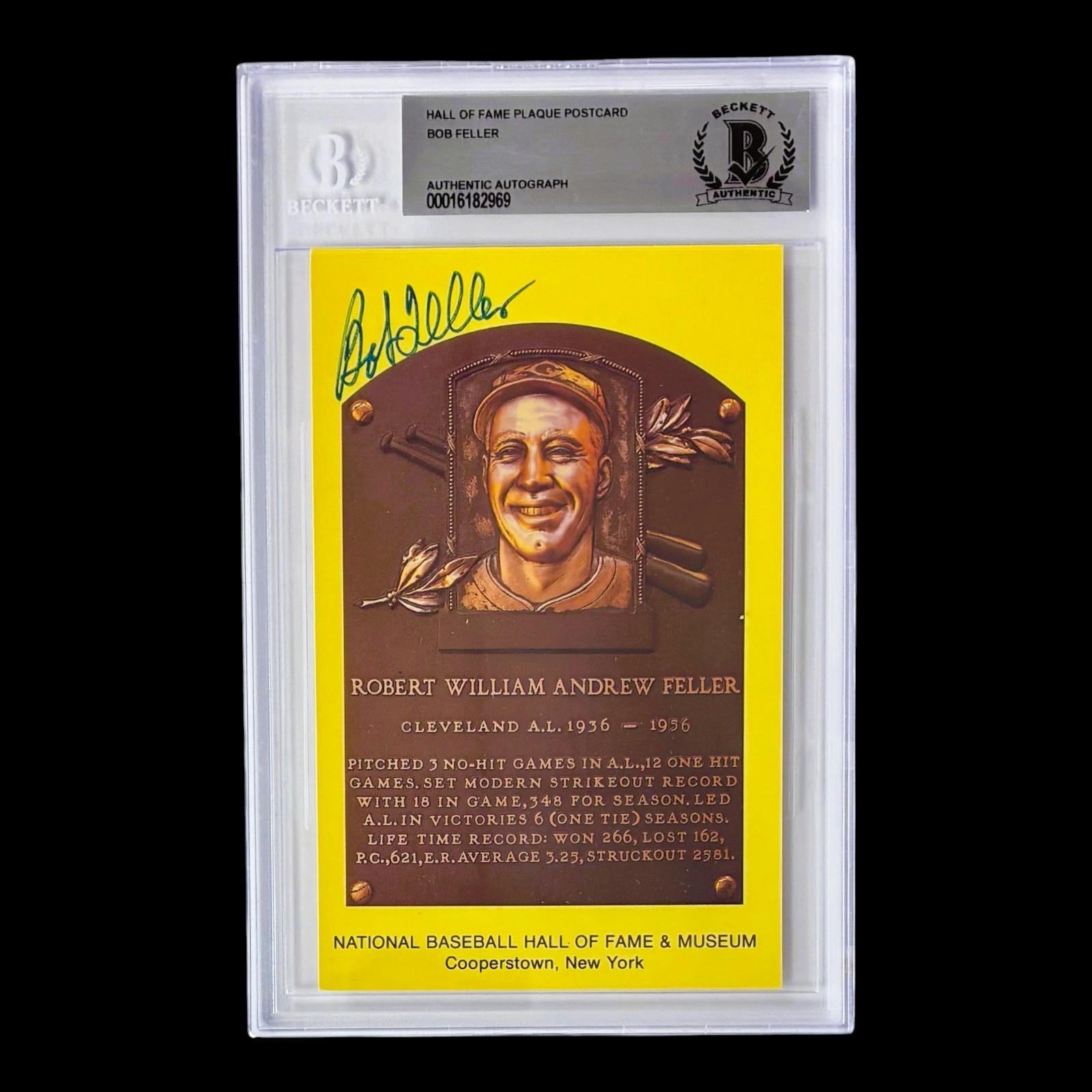 BOB FELLER AUTOGRAPHED HALL OF FAME PLAQUE POSTCARD BECKETT 16182969