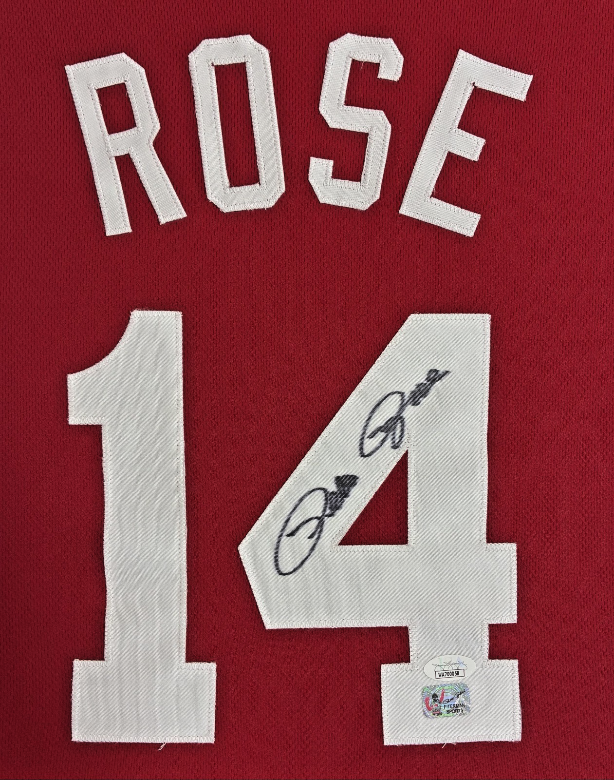 PETE ROSE AUTOGRAPHED RED/WHITE JERSEY JSA & ROSE EXCLUSIVE HOLOGRAM - Image 2