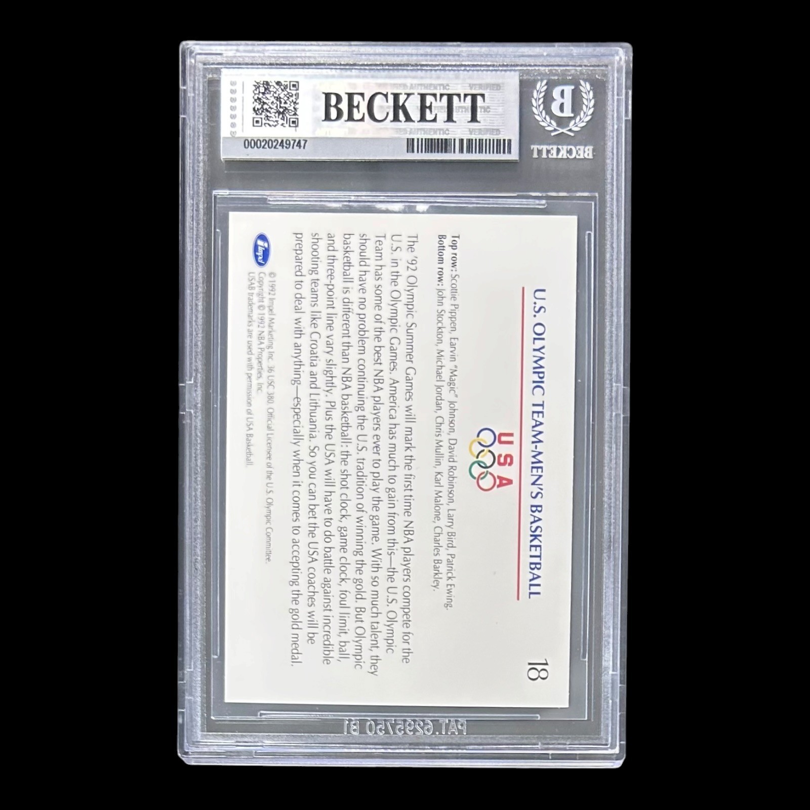 MAGIC JOHNSON SIGNED 1992 IMPEL US OLYMPICS CARD #18 BECKETT 202249747 Auto 10 - Image 3